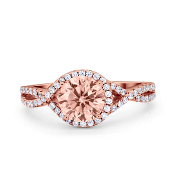 Halo Twisted Engagement Ring Rose Tone, Simulated Morganite CZ 925 Sterling Silver
